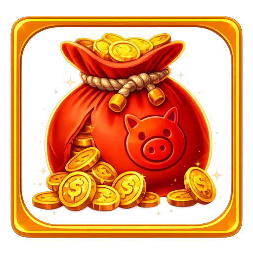 Red money bag filled with gold coins, cartoon piggy bank icon, symbol of wealth, savings, and prosperity illustration